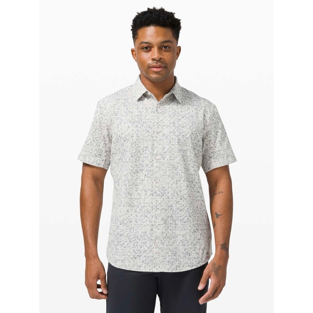 Lululemon “Airing Easy” grey pattern button-up shirt (medium)